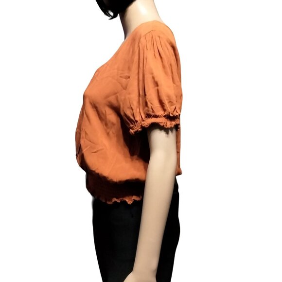 One Love Clothing Womens Orange Smocked Crop Top M Button-Down Short Sleeves - Picture 3 of 7
